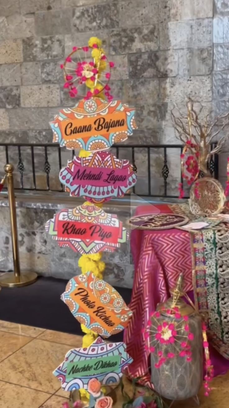 the table is covered with colorful paper decorations