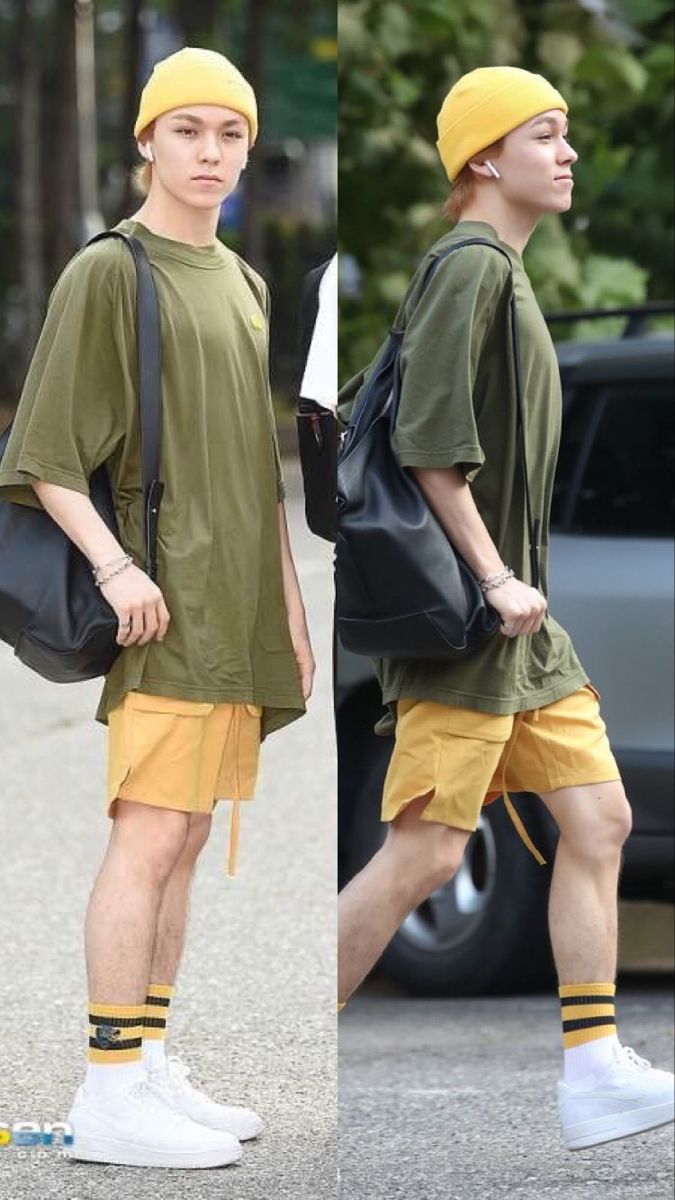 two pictures of a young man in shorts and a t - shirt with a yellow beanie