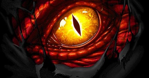 an eyeball is shown in the middle of a dark background with red and yellow colors