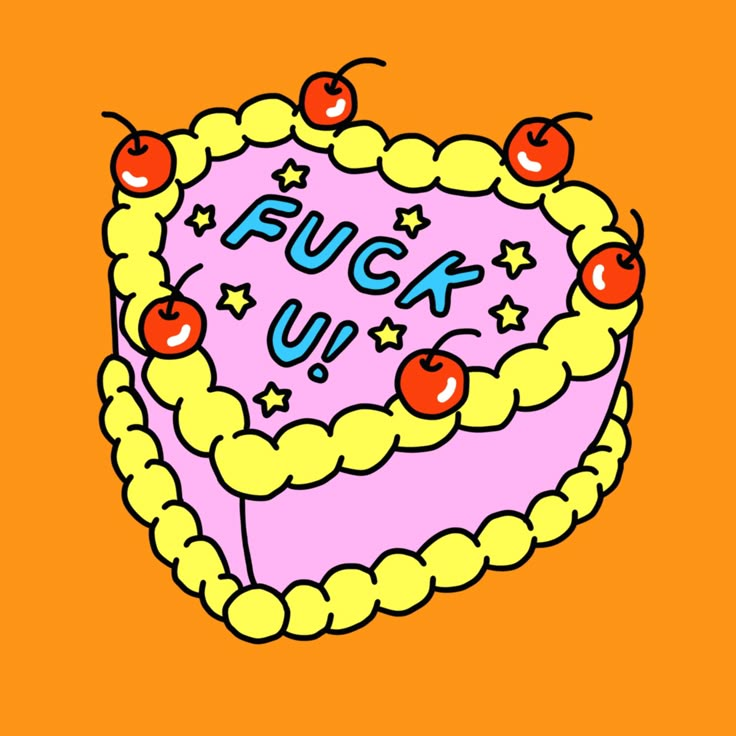 a pink heart shaped cake with cherries on it and the words puck u up