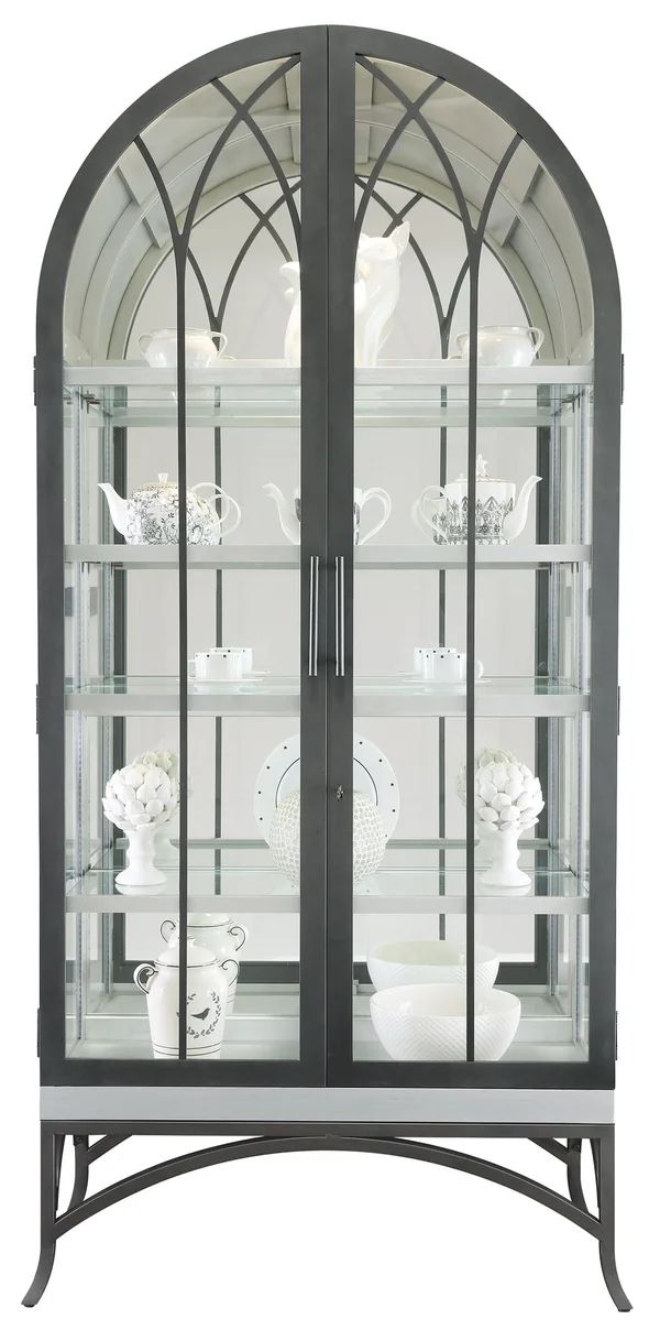 a black and white china cabinet with glass doors