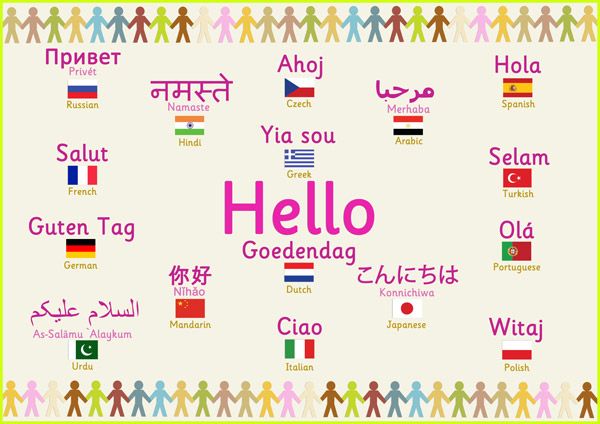 the words hello in different languages are written on a white background with colorful people and flags