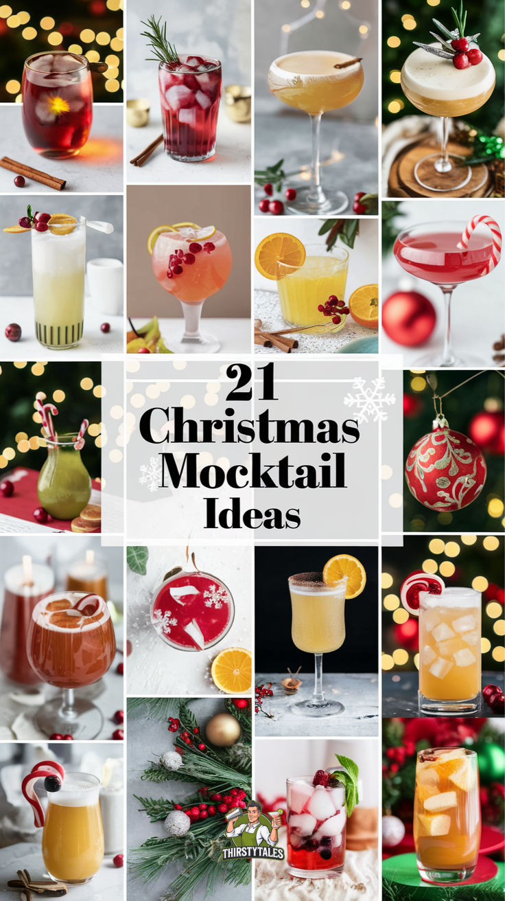 twelve christmas cocktails with different drinks in them