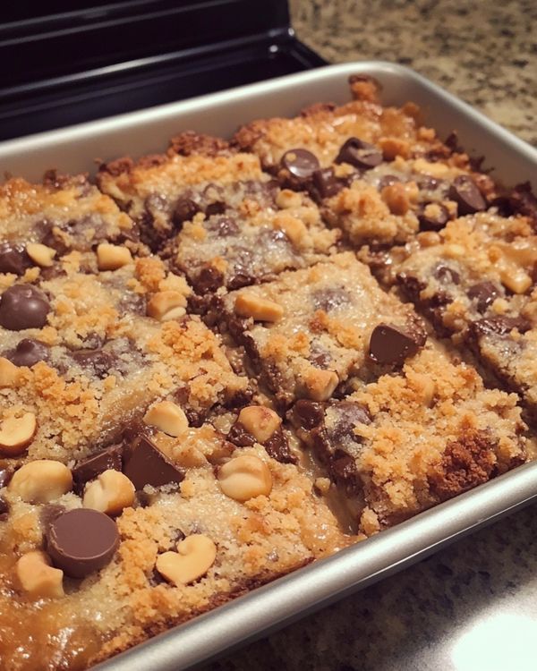 a pan filled with chocolate chip cookie bars on top of a counter