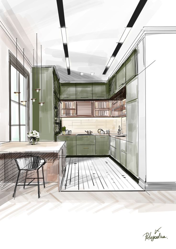 this is a sketch of a kitchen with green cabinets and white counter tops, as well as a dining table