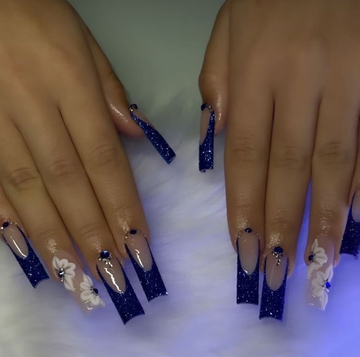 Marine Blue Nails Acrylic, Dark Blue Nails For Quince, Latina Baddie Nails Acrylic, Royal Blue Acrylic Nails 3d Flower, Royal Blue Acrylic Nails Quinceanera, Blue Nails With Initials Acrylic, Blue French Nails With Design, Latina Nail Designs Blue, Prom Nails Acrylic Dark Blue