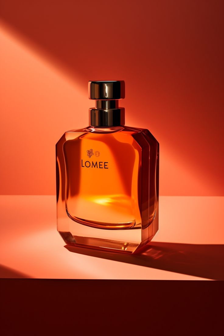 a bottle of perfume sitting on top of a table next to a red wall with the word lomee written on it