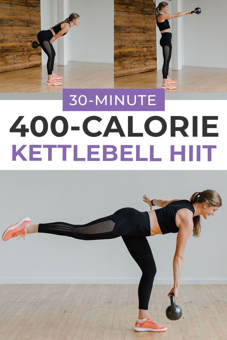 a woman doing kettlebell exercises with the words, 30 - minute 40 - calorie kettlebell hit