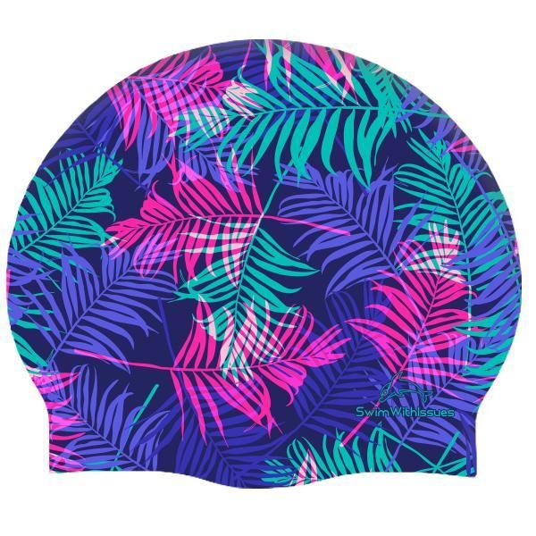 a blue and pink swim cap with palm leaves printed on it's front side