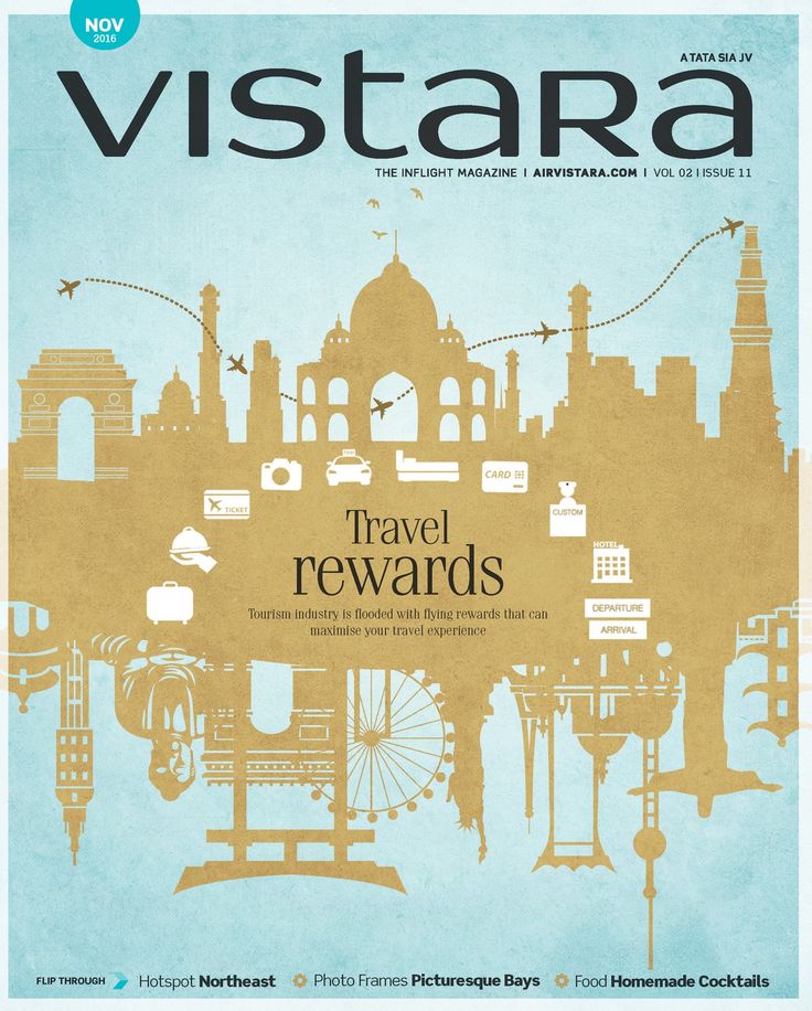 the front cover of vistara magazine with an image of a city in blue and yellow