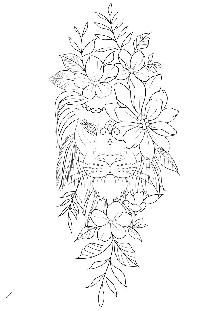 a lion head with flowers on it's head and leaves around its neck, in black and white