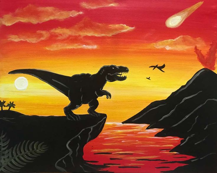 an acrylic painting of a dinosaur on a cliff overlooking the ocean at sunset