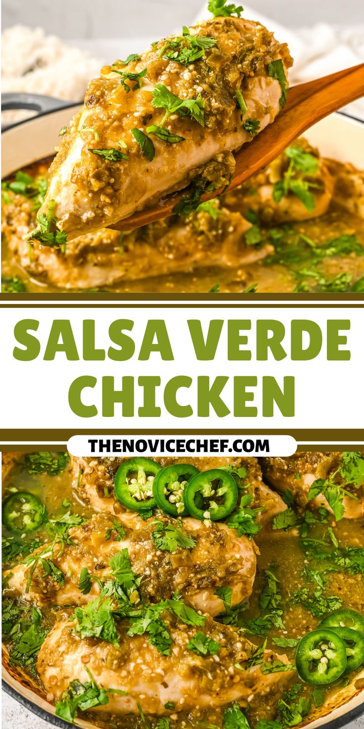 salsa verde chicken in a white bowl with green peppers and cilantro