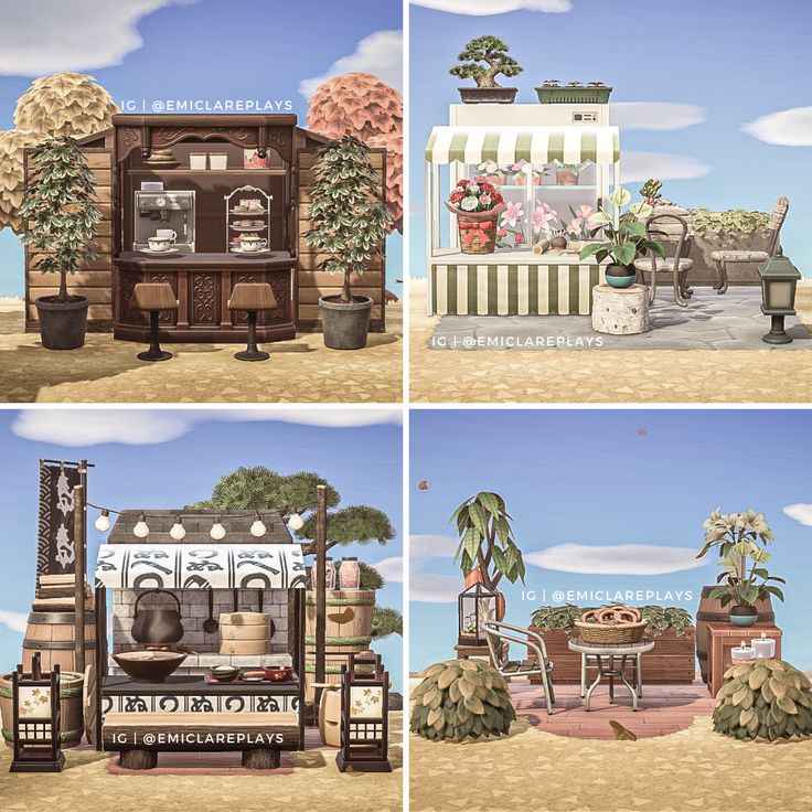 four different pictures of an outdoor cafe