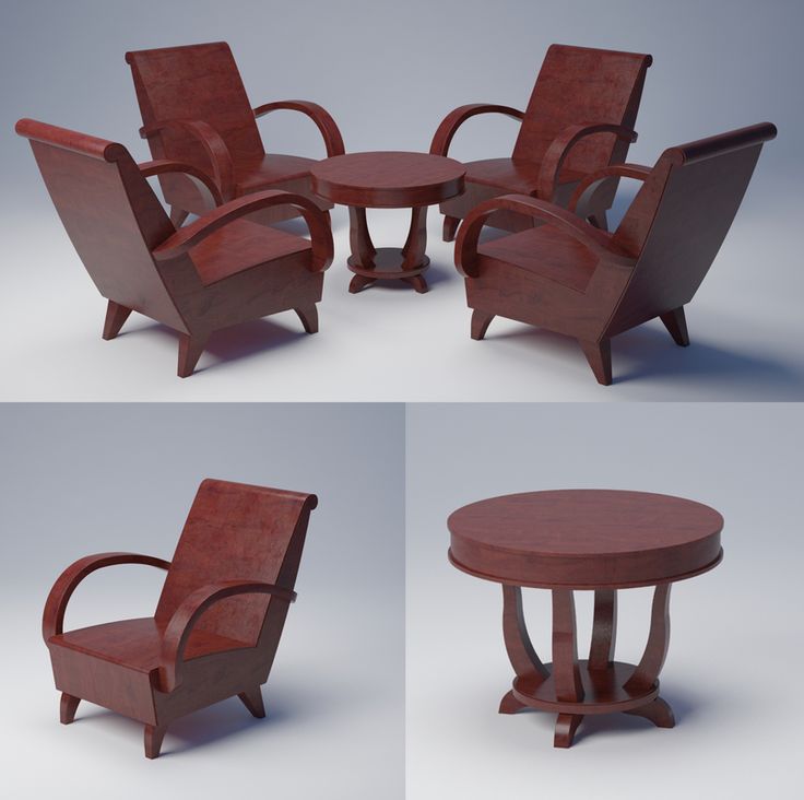 four different views of the same chair and table with chairs around it, all in various positions