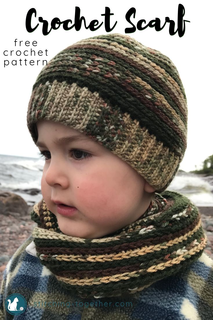 a little boy wearing a knitted hat and scarf with text overlay that says crochet scarf free pattern