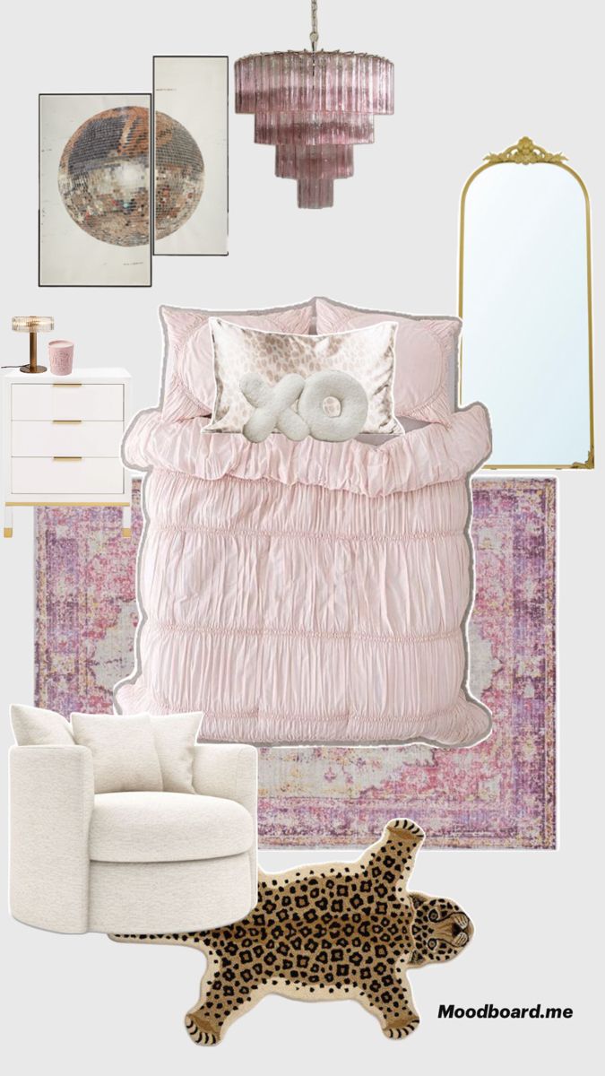 a bedroom with pink and gold accents, leopard print rug, white chair, chandelier and mirror