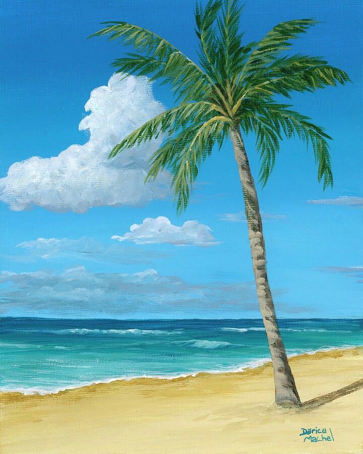 a painting of a palm tree on a beach with the ocean and clouds in the background