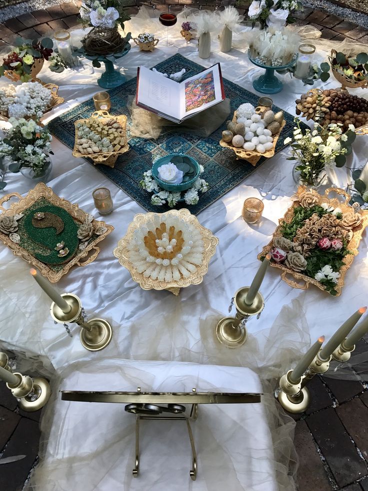 a table topped with lots of plates and candles