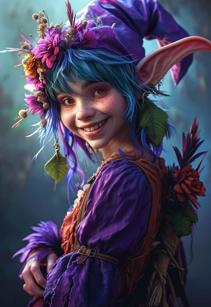 a close up of a person wearing a costume with flowers on her head and blue hair