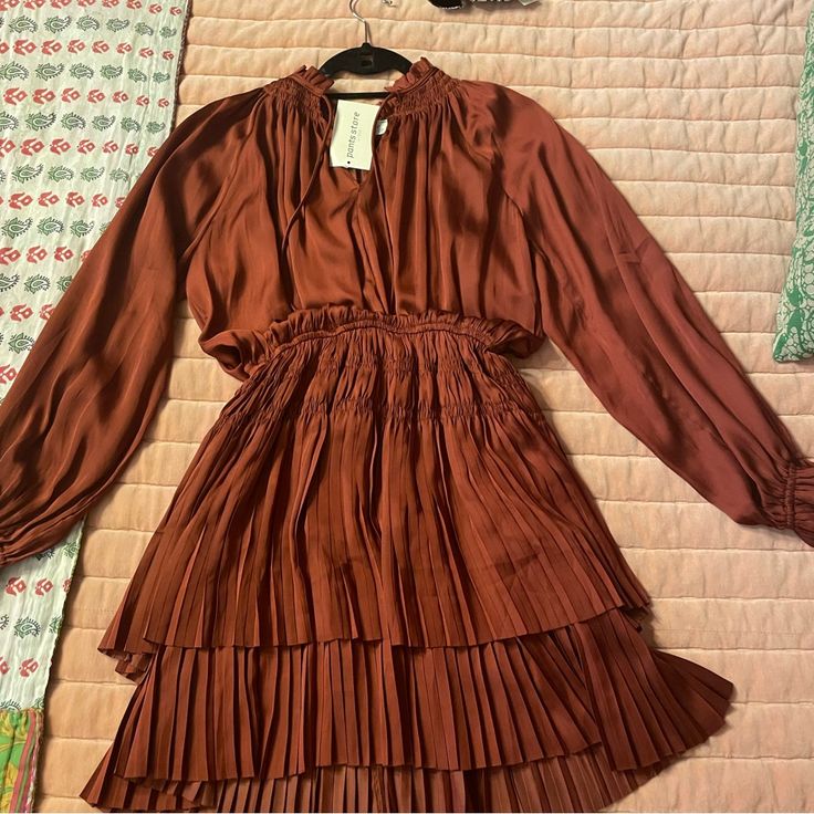 Size Medium Burnt Orange Long Sleeve Dress Nwt Has Eleastic Band Around Hips To Draw It Up Or Down To Shorten Or Make Longer. Brown Pleated Dress For Date Night, Fall Day Out Pleated Dress, Pleated Brown Dress For Date Night, Fall Pleated Mini Dress For Brunch, Orange Long Sleeve Dress, Orange Long Sleeve, Orange Outfit, Long Sleeve Short Dress, Short Dress