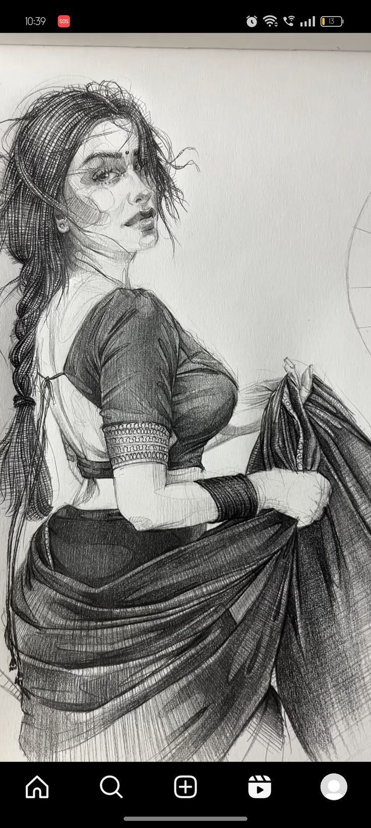 a pencil drawing of a woman with long hair wearing a dress and holding a bag