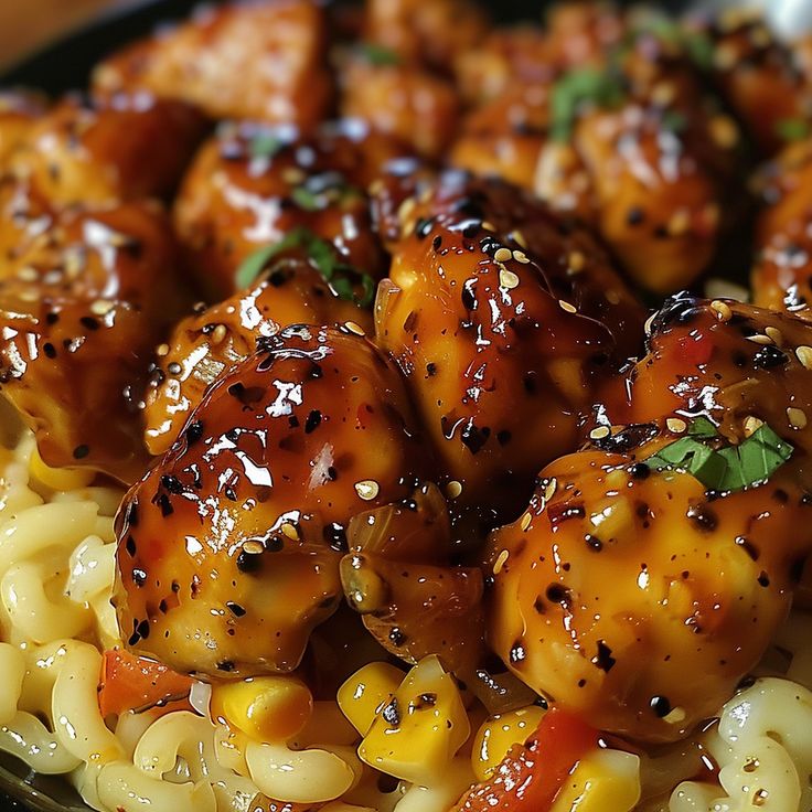 some chicken and pasta are on a plate with garnished with parmesan sprinkles