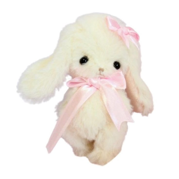 a white stuffed animal with a pink ribbon around its neck and ears, on a white background