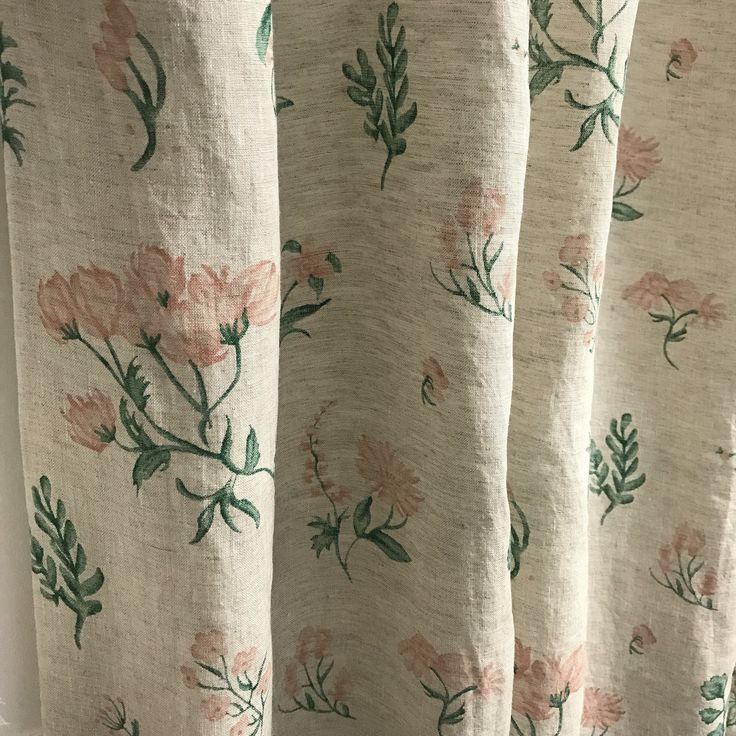 curtains with pink flowers and green leaves on them