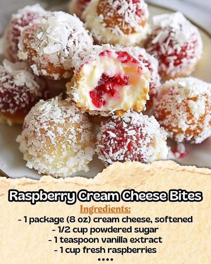 raspberry cream cheese bites on a white plate with a brown paper in the background