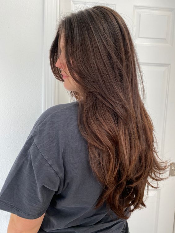 long layered hair, long layered haircuts, face framing layers, long haircut with layers via feellikeyouwaxandbeauty.com Butterfly Haircut Long Hair Brunette, Hair Cuts V Shape Layers, Butterfly Haircut Long Brown Hair, Brunette Layered Hair With Bangs, Subtle Layering Long Hair, Long Layer Butterfly Cut, Butterfly Layers Hair Long Straight, Medium Length Brown Hair With Layers Straight, Straight Hair Butterfly Cut