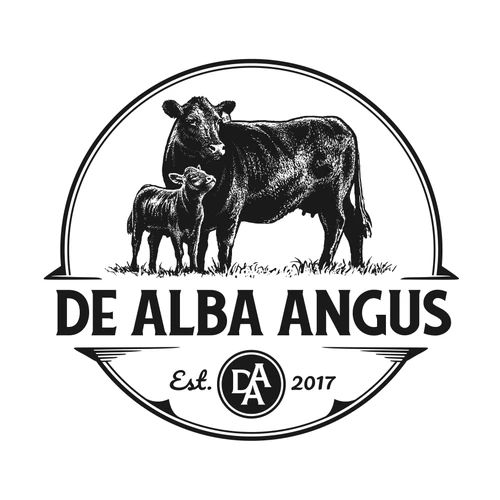 the logo for de alba angus's farm and dairy shop, with an image of a cow and her calf