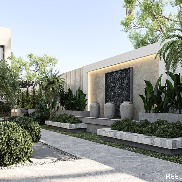 an outdoor garden with concrete planters and trees