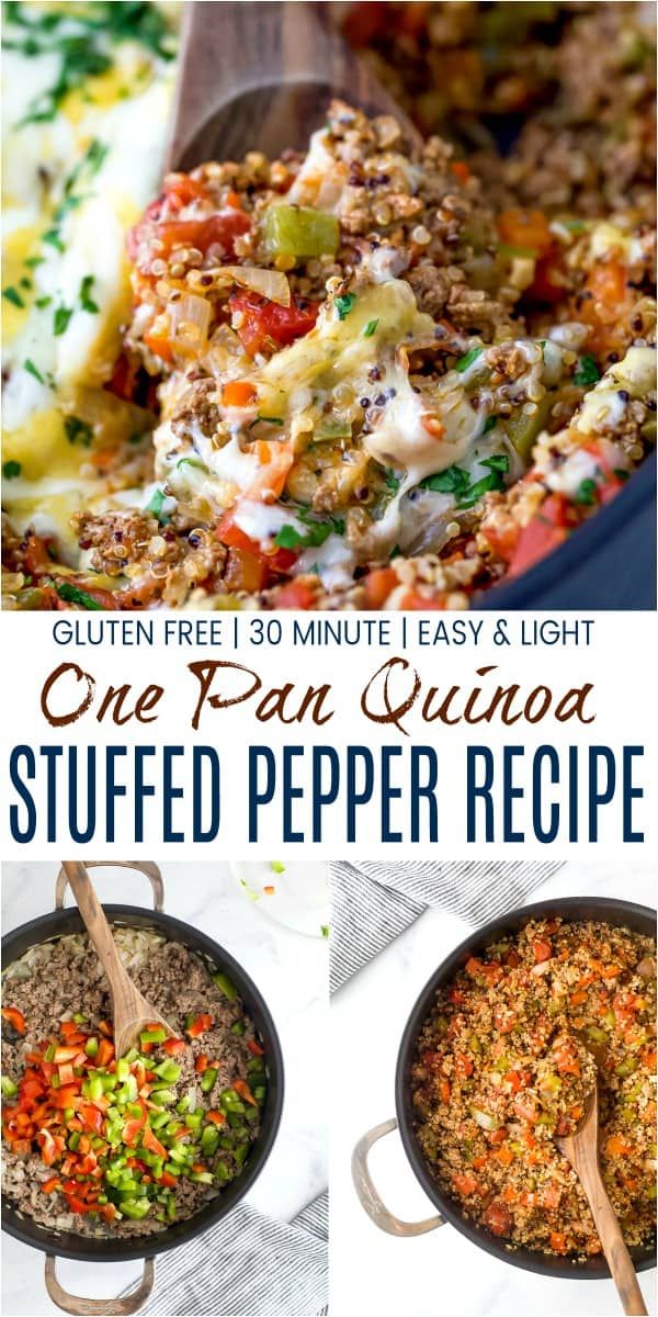 one pan quinoa stuffed pepper recipe is shown in three different pictures with the title overlay