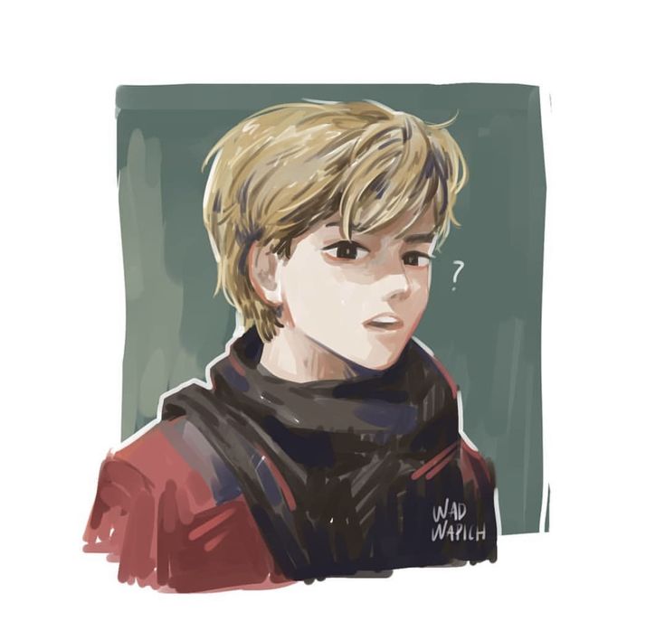 a drawing of a boy with blonde hair wearing a red shirt and black scarf, looking at the camera