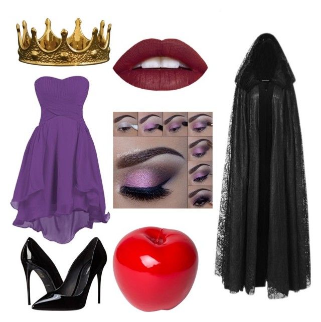 there is a purple dress, black veil and red apple