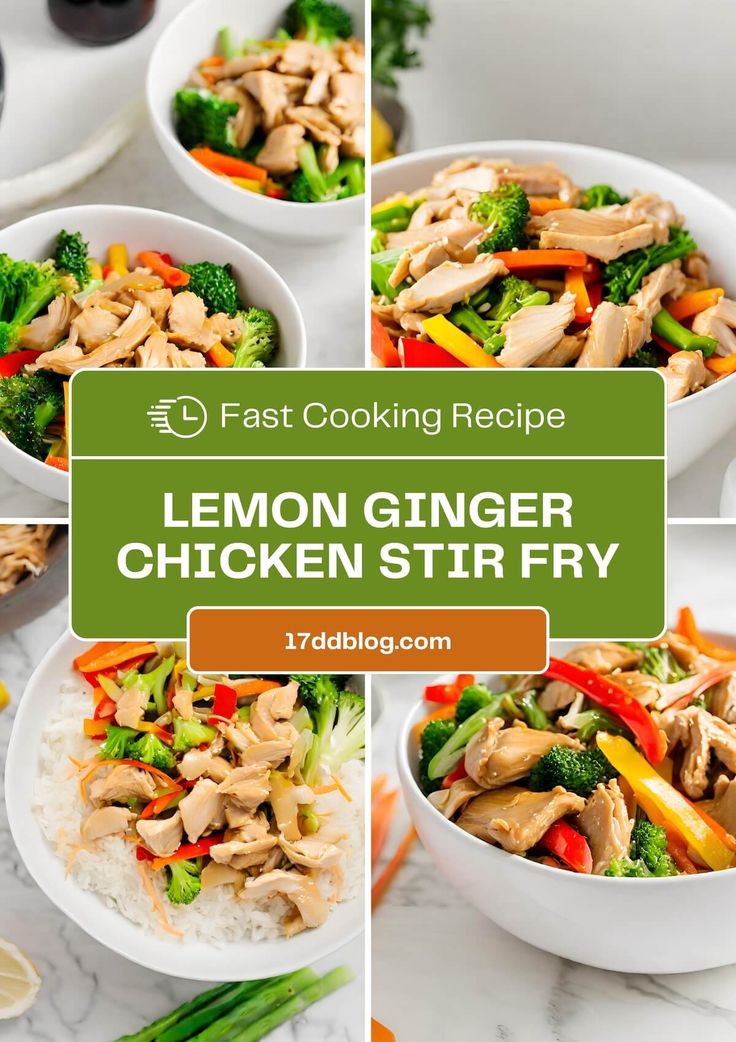 four pictures of lemon ginger chicken stir fry