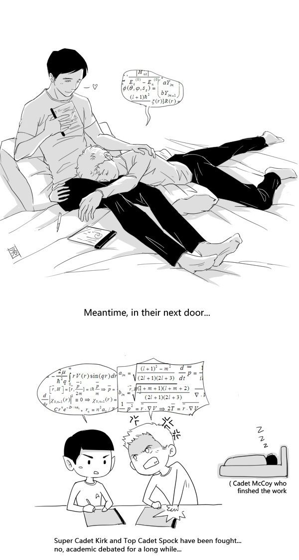 two comics showing people sitting on the floor and one is talking to another person in bed