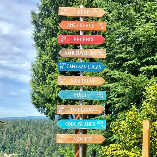 a wooden sign post with many different colored signs on it's sides and trees in the background