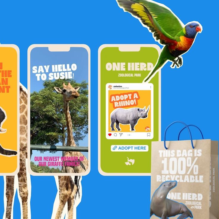 there are many different animal tags on the same item as one bird and two giraffes