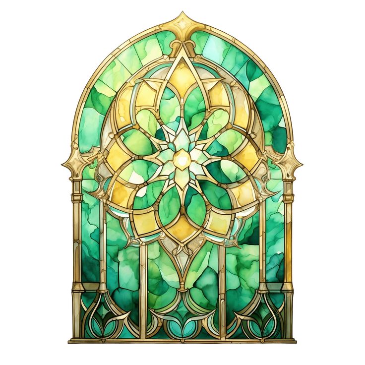 a stained glass window with an ornate design on the front and side panels, set against a white background