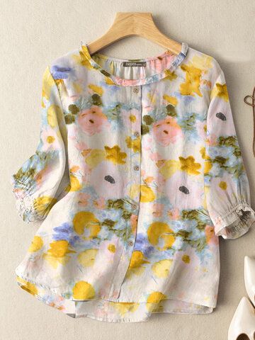 I found this amazing Women Watercolor Floral Print Frill Trim Button Design Blouse with US$17.99,and 14 days return or refund guarantee protect to us. --Newchic Women Watercolor, Cotton Night Dress, Blusas Top, Shrug For Dresses, Blouse Casual Fashion, Design Blouse, Fashion Blouses, Watercolor Floral Print, Ruffles Fashion