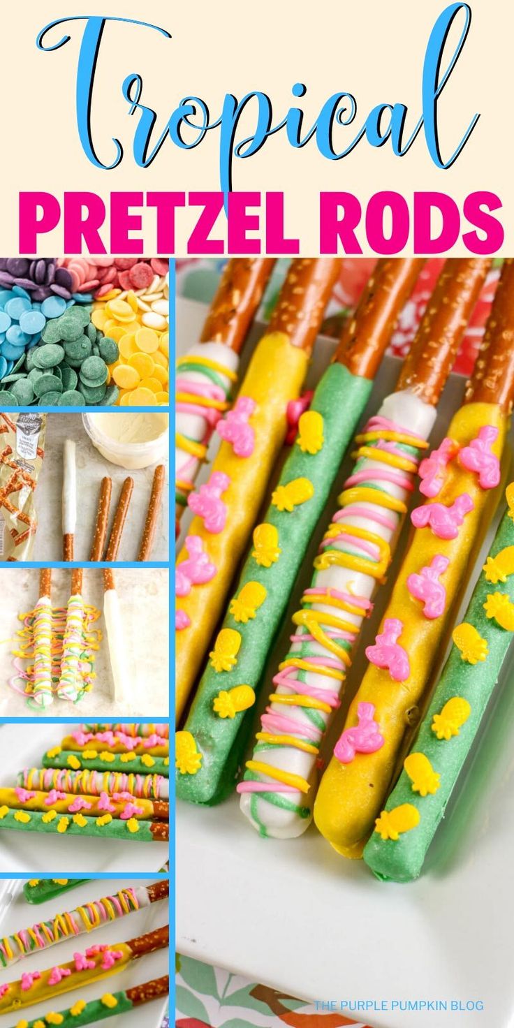 colorful tropical pretzel rods are displayed on a white platter with text overlay that reads, tropical pretzel rods