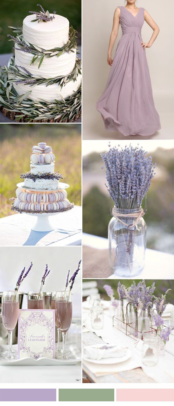 a collage of photos with lavenders, cake and flowers in vases on the table