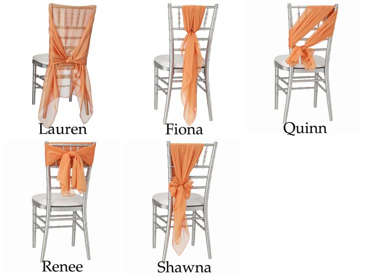 four different types of chairs with orange sashes on the back and sides, all labeled