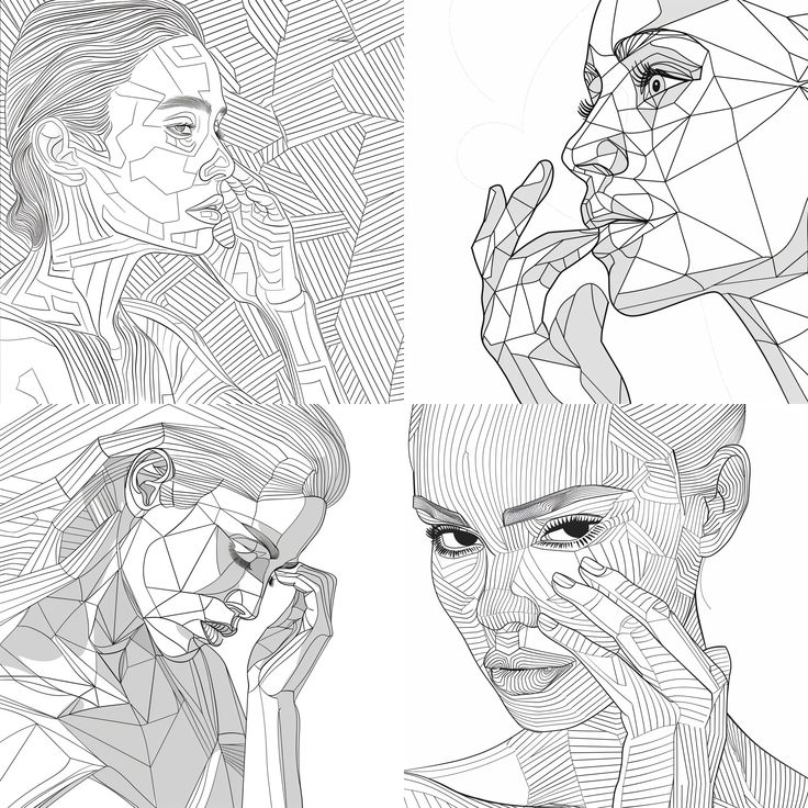 three different faces with lines and shapes on them