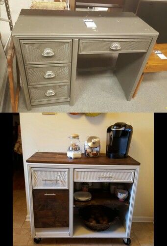 two pictures of different types of furniture and one has a coffee maker on top of it