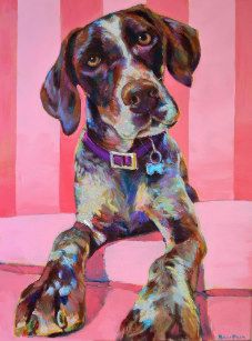 a painting of a dog sitting in front of a pink wall with stripes on it