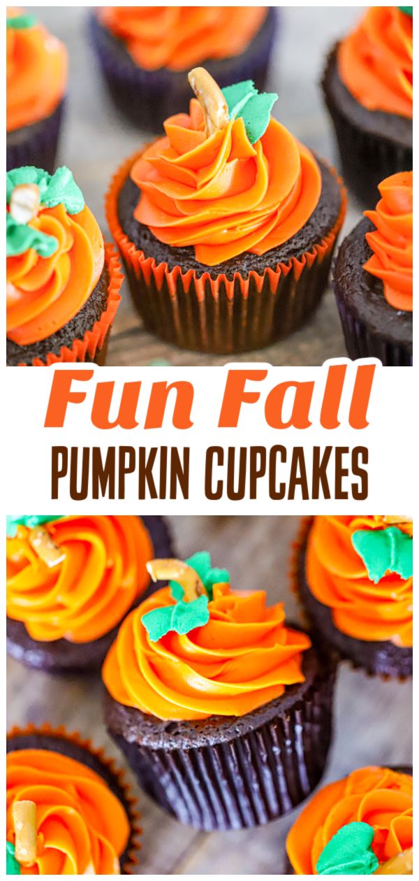 pumpkin cupcakes with chocolate frosting and sprinkles in the middle