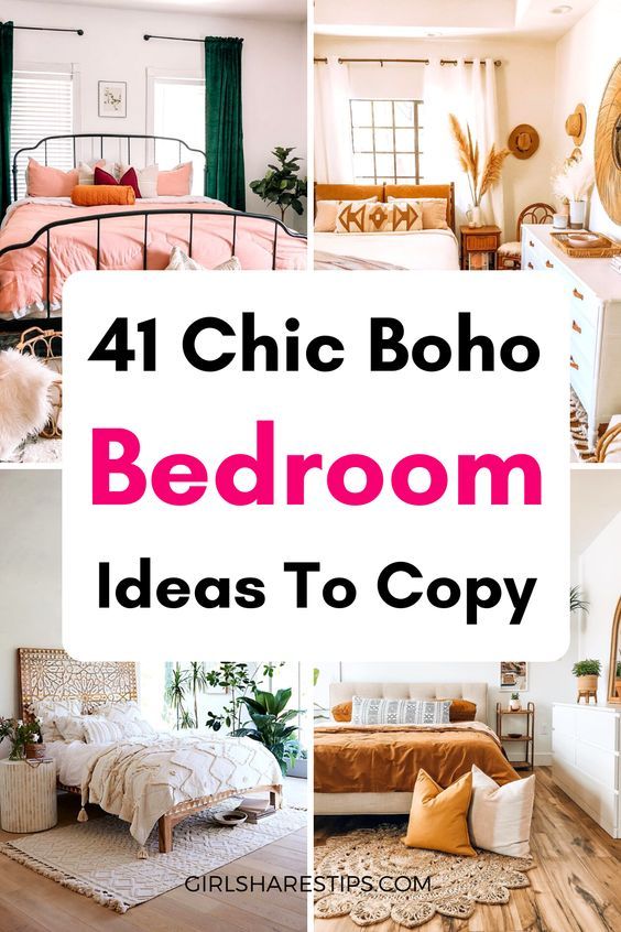 four different pictures with the words chic boho bedroom ideas to copy in pink and white